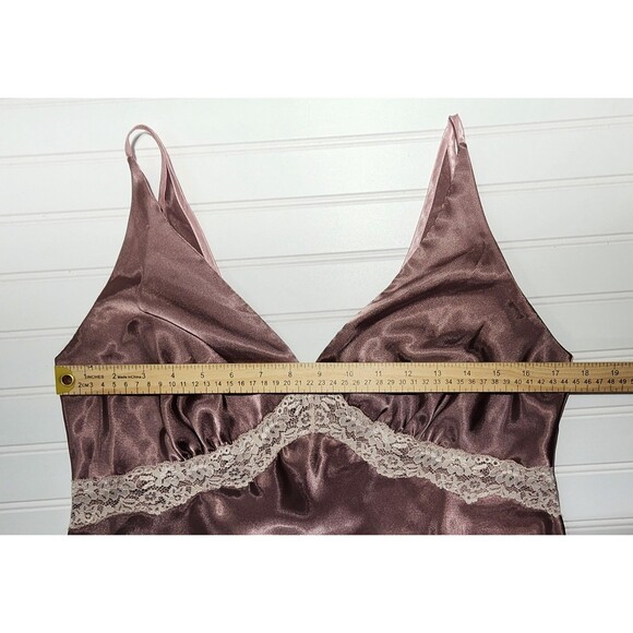 Sensara Satin Long Nightgown Brown  Lace Trim V Neck Plunge Womens Size L - Picture 6 of 9